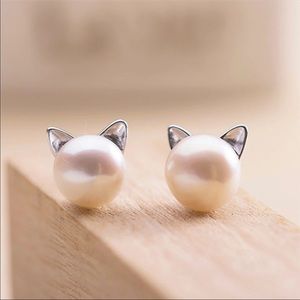 Cat Pearl Earrings Cat Lover Studs